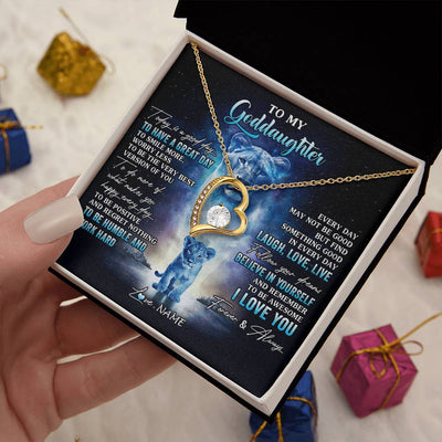 Forever Love Necklace 18K Yellow Gold Finish | 2 | Personalized To My Goddaughter Lion Necklace From Godmother Aunt Every Day Laugh Love Live Goddaughter Birthday Christmas Customized Gift Box Message Card | teecentury