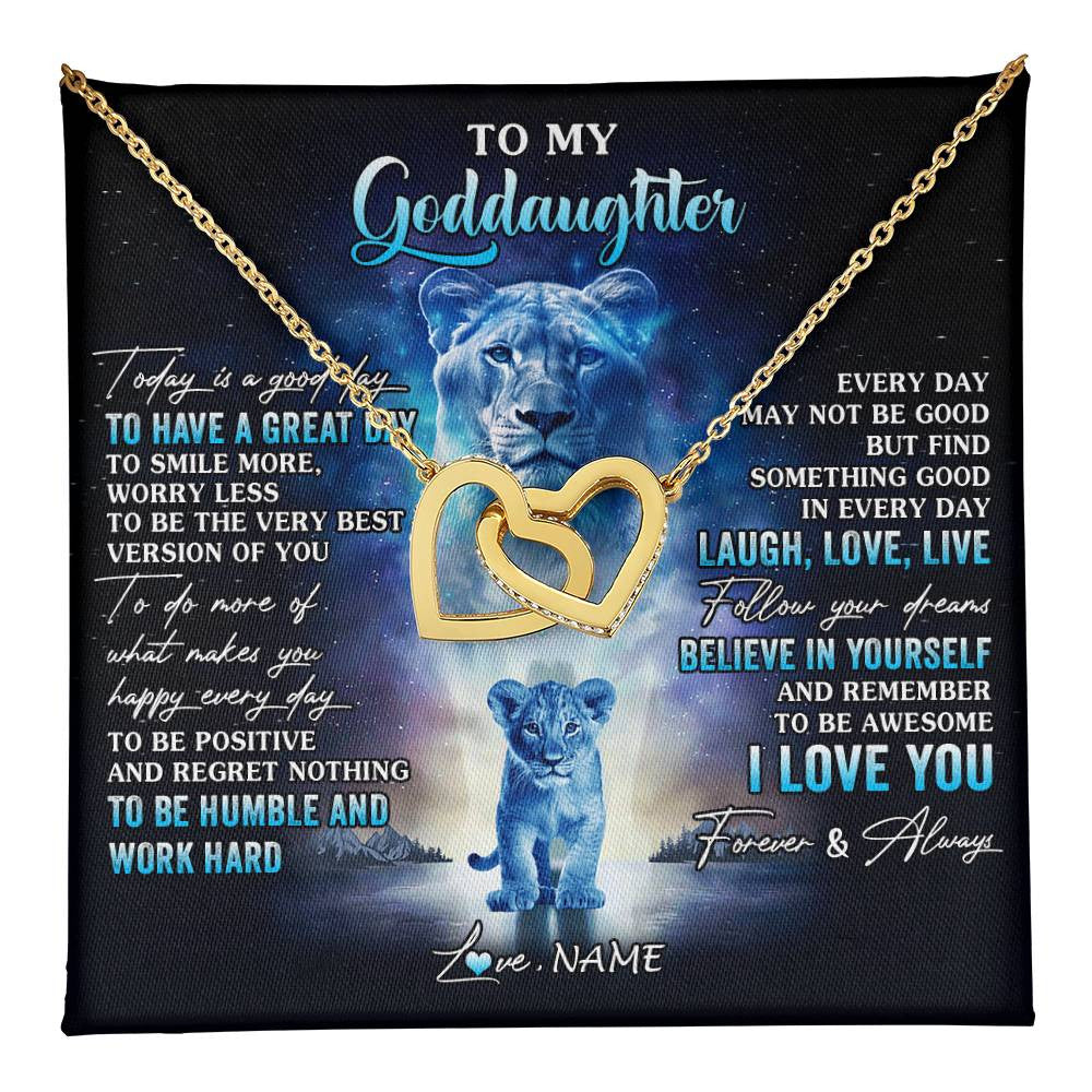 Interlocking Hearts Necklace 18K Yellow Gold Finish | 1 | Personalized To My Goddaughter Lion Necklace From Godmother Aunt Every Day Laugh Love Live Goddaughter Birthday Christmas Customized Gift Box Message Card | teecentury