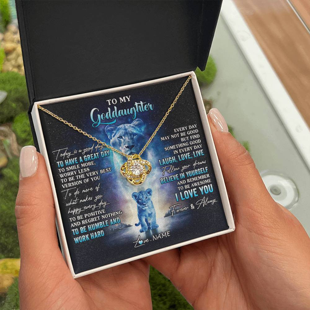 Love Knot Necklace 18K Yellow Gold Finish | 2 | Personalized To My Goddaughter Lion Necklace From Godmother Aunt Every Day Laugh Love Live Goddaughter Birthday Christmas Customized Gift Box Message Card | teecentury