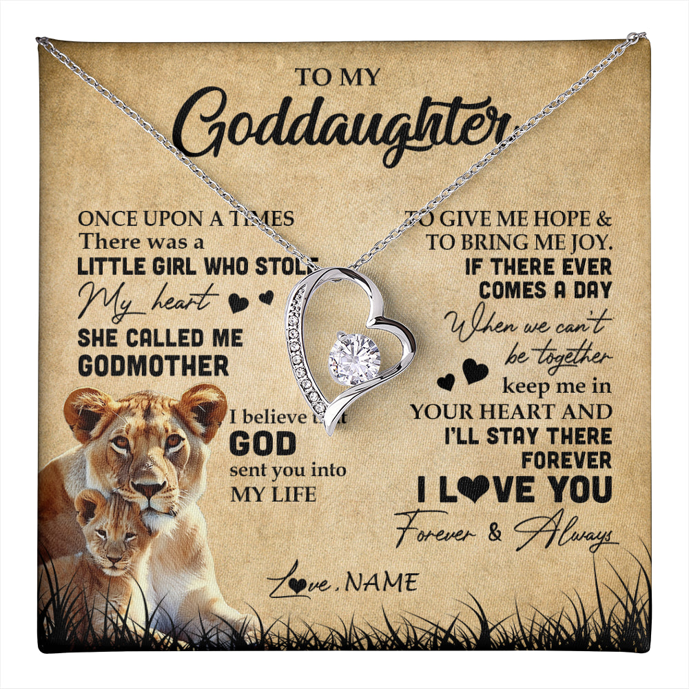 Forever Love Necklace 14K White Gold Finish | 1 | Personalized To My Goddaughter Lion Necklace From Godmother I'll Stay There Forever Goddaughter Birthday Graduation Christmas Customized Gift Box Message Card | teecentury