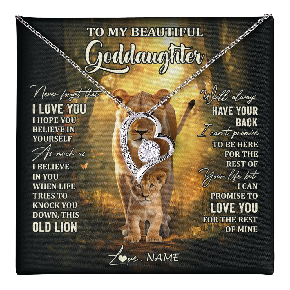 Forever Love Necklace 14K White Gold Finish | 1 | Personalized To My Goddaughter Lion Necklace From Godmother Never Forget That I Love You Niece Birthday Graduation Christmas Customized Gift Box Message Card | teecentury