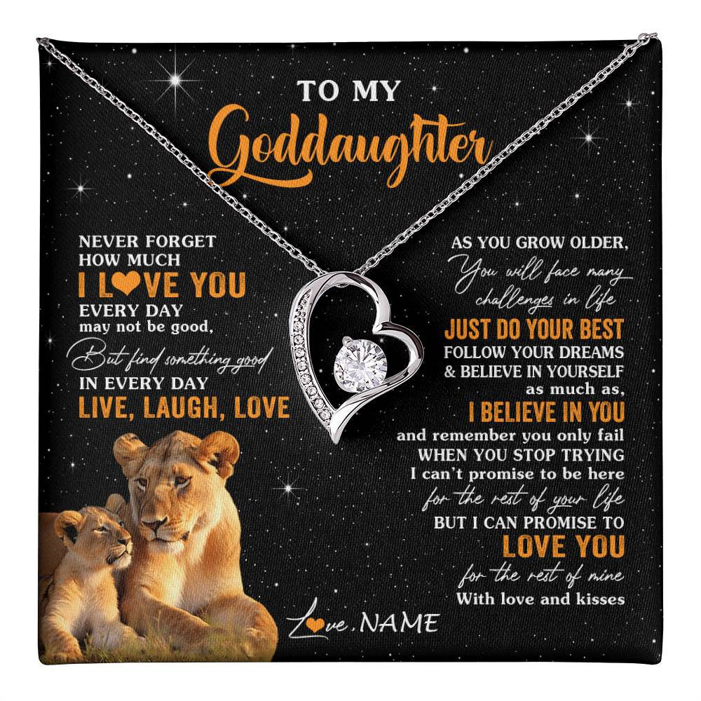 Forever Love Necklace 14K White Gold Finish | 1 | Personalized To My Goddaughter Necklace From Aunt Live Laugh Love Lion Goddaughter Birthday Positive Graduation Christmas Customized Gift Box Message Card | teecentury