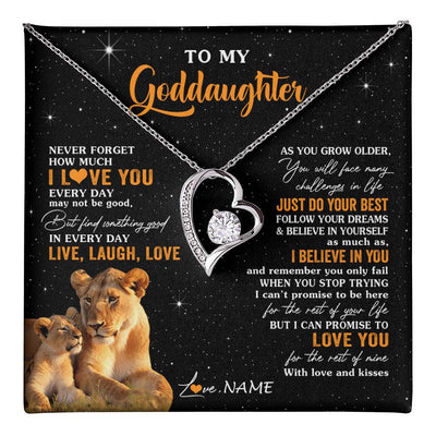 Forever Love Necklace 14K White Gold Finish | 1 | Personalized To My Goddaughter Necklace From Aunt Live Laugh Love Lion Goddaughter Birthday Positive Graduation Christmas Customized Gift Box Message Card | teecentury