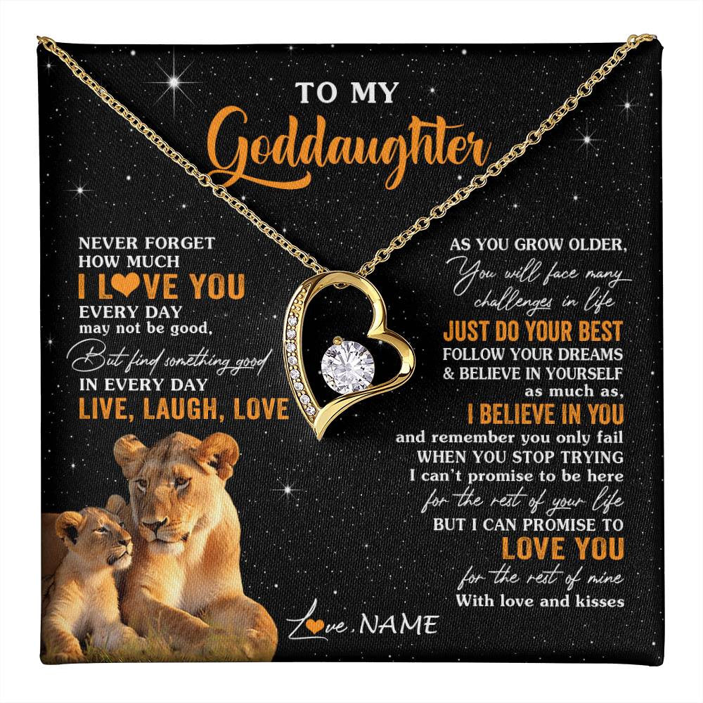 Forever Love Necklace 18K Yellow Gold Finish | 1 | Personalized To My Goddaughter Necklace From Aunt Live Laugh Love Lion Goddaughter Birthday Positive Graduation Christmas Customized Gift Box Message Card | teecentury