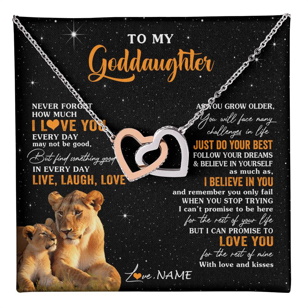 Interlocking Hearts Necklace Stainless Steel & Rose Gold Finish | 1 | Personalized To My Goddaughter Necklace From Aunt Live Laugh Love Lion Goddaughter Birthday Positive Graduation Christmas Customized Gift Box Message Card | teecentury