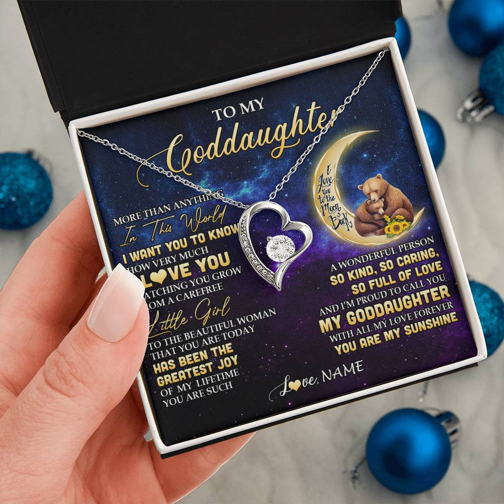 Forever Love Necklace 14K White Gold Finish | 2 | Personalized To My Goddaughter Necklace From Aunt Positive Energy Encourage Brave Little Bear Goddaughter Birthday Christmas Customized Gift Box Message Card | teecentury