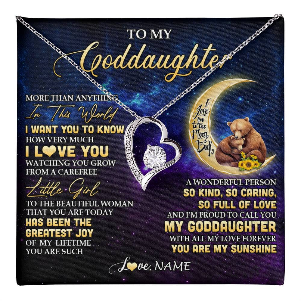 Forever Love Necklace 14K White Gold Finish | 1 | Personalized To My Goddaughter Necklace From Aunt Positive Energy Encourage Brave Little Bear Goddaughter Birthday Christmas Customized Gift Box Message Card | teecentury