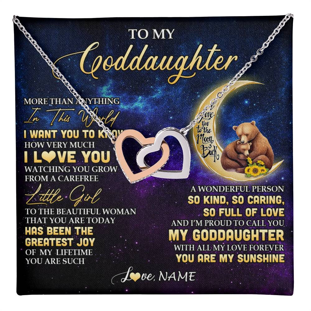 Interlocking Hearts Necklace Stainless Steel & Rose Gold Finish | 1 | Personalized To My Goddaughter Necklace From Aunt Positive Energy Encourage Brave Little Bear Goddaughter Birthday Christmas Customized Gift Box Message Card | teecentury