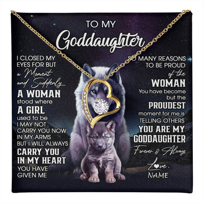 Forever Love Necklace 18K Yellow Gold Finish | 1 | Personalized To My Goddaughter Necklace From Aunt Uncle I Close My Eyes Wolf Goddaughter Birthday Gifts Graduation Christmas Customized Gift Box Message Card | teecentury