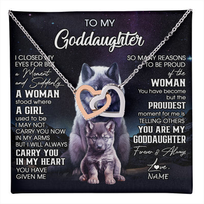 Interlocking Hearts Necklace Stainless Steel & Rose Gold Finish | 1 | Personalized To My Goddaughter Necklace From Aunt Uncle I Close My Eyes Wolf Goddaughter Birthday Gifts Graduation Christmas Customized Gift Box Message Card | teecentury