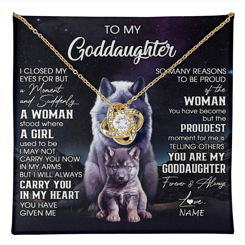 Love Knot Necklace 18K Yellow Gold Finish | 1 | Personalized To My Goddaughter Necklace From Aunt Uncle I Close My Eyes Wolf Goddaughter Birthday Gifts Graduation Christmas Customized Gift Box Message Card | teecentury