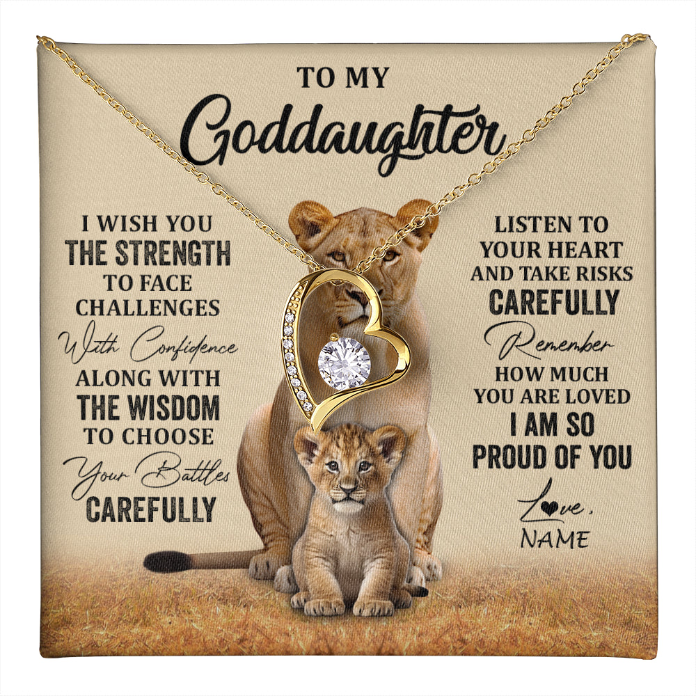 Forever Love Necklace 18K Yellow Gold Finish | 1 | Personalized To My Goddaughter Necklace From Aunt Uncle I Wish You The Strength Lion Goddaughter Birthday Graduation Christmas Customized Gift Box Message Card | teecentury