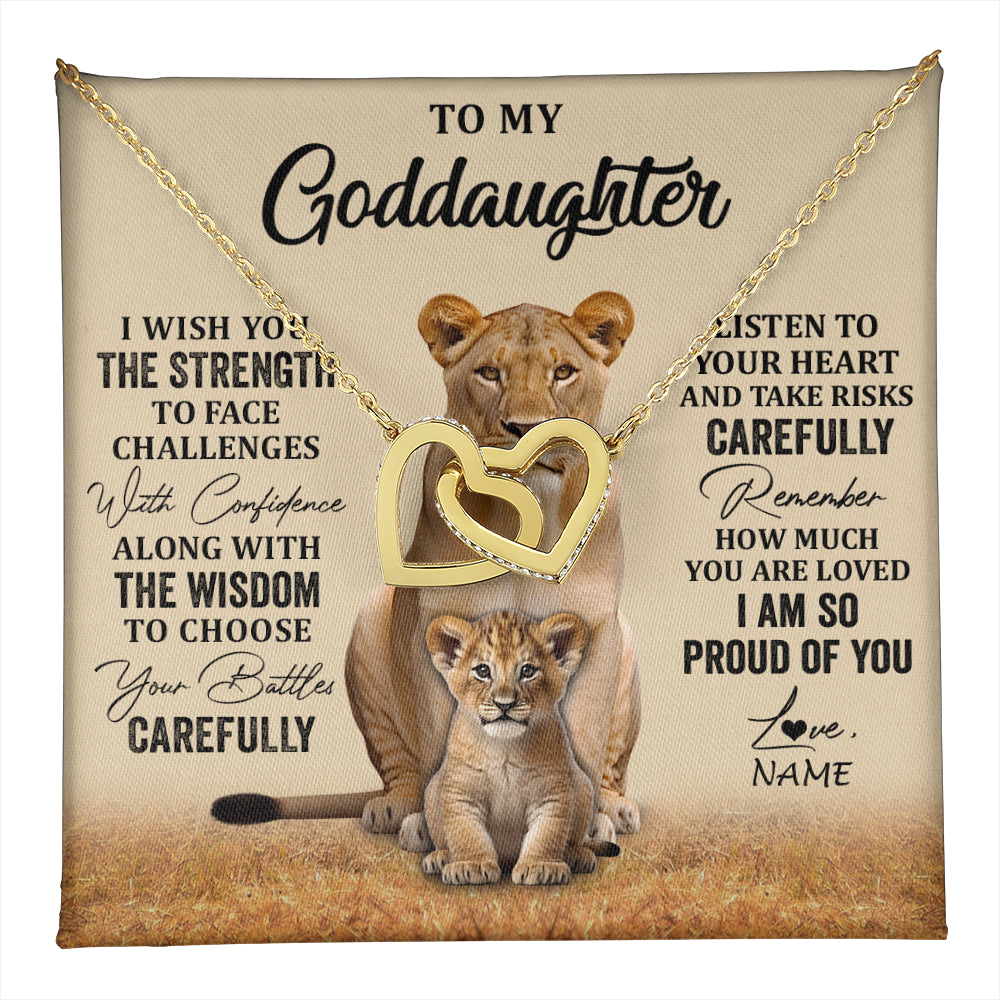 Interlocking Hearts Necklace 18K Yellow Gold Finish | 1 | Personalized To My Goddaughter Necklace From Aunt Uncle I Wish You The Strength Lion Goddaughter Birthday Graduation Christmas Customized Gift Box Message Card | teecentury