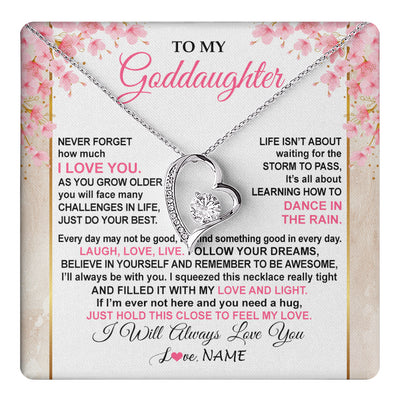Forever Love Necklace 14K White Gold Finish | 1 | Personalized To My Goddaughter Necklace From Aunt Uncle Inspirational I Love You Goddaughter Birthday Graduation Christmas Customized Gift Box Message Card | teecentury