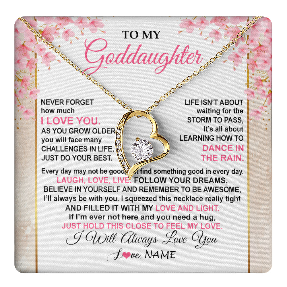 Forever Love Necklace 18K Yellow Gold Finish | 1 | Personalized To My Goddaughter Necklace From Aunt Uncle Inspirational I Love You Goddaughter Birthday Graduation Christmas Customized Gift Box Message Card | teecentury