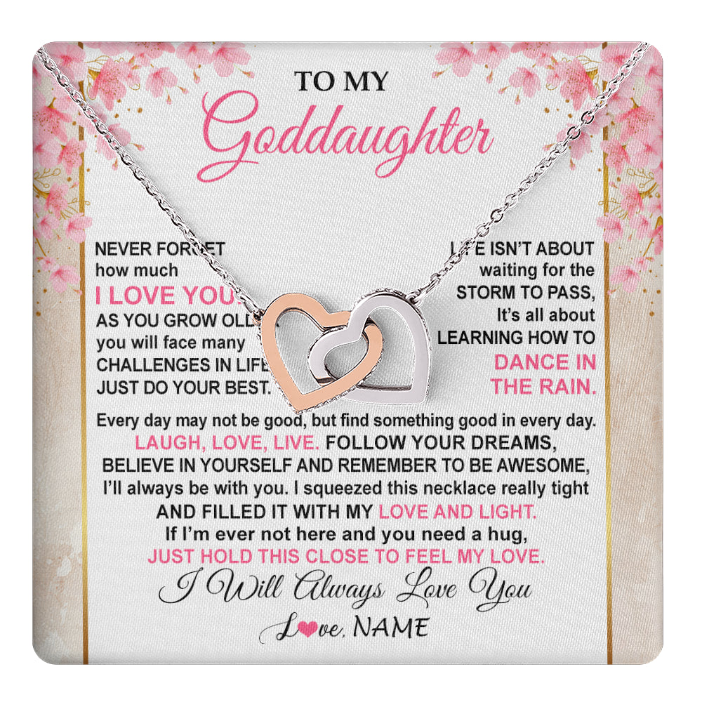 Interlocking Hearts Necklace Stainless Steel & Rose Gold Finish | 1 | Personalized To My Goddaughter Necklace From Aunt Uncle Inspirational I Love You Goddaughter Birthday Graduation Christmas Customized Gift Box Message Card | teecentury