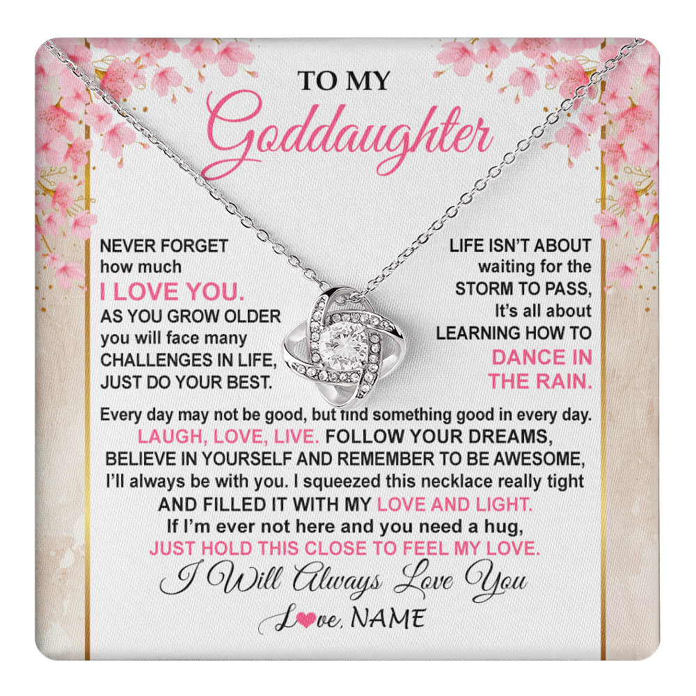 Love Knot Necklace 14K White Gold Finish | 1 | Personalized To My Goddaughter Necklace From Aunt Uncle Inspirational I Love You Goddaughter Birthday Graduation Christmas Customized Gift Box Message Card | teecentury