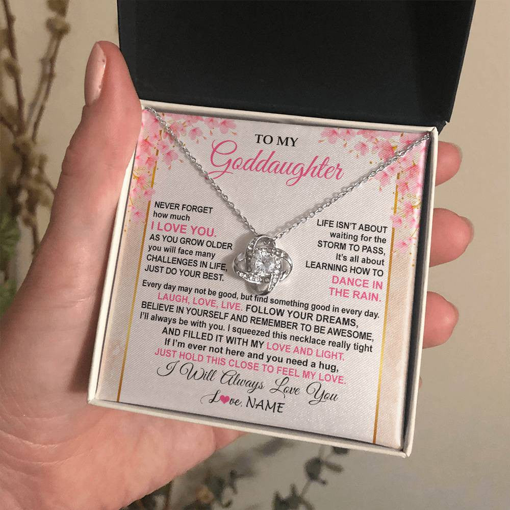 Love Knot Necklace 14K White Gold Finish | 2 | Personalized To My Goddaughter Necklace From Aunt Uncle Inspirational I Love You Goddaughter Birthday Graduation Christmas Customized Gift Box Message Card | teecentury