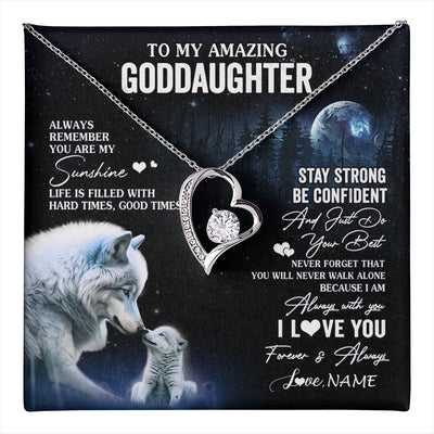 Forever Love Necklace 14K White Gold Finish | 1 | Personalized To My Goddaughter Necklace From Aunt Uncle Moon Wolf Goddaughter Birthday Gifts Jewelry Graduation Christmas Customized Gift Box Message Card | teecentury