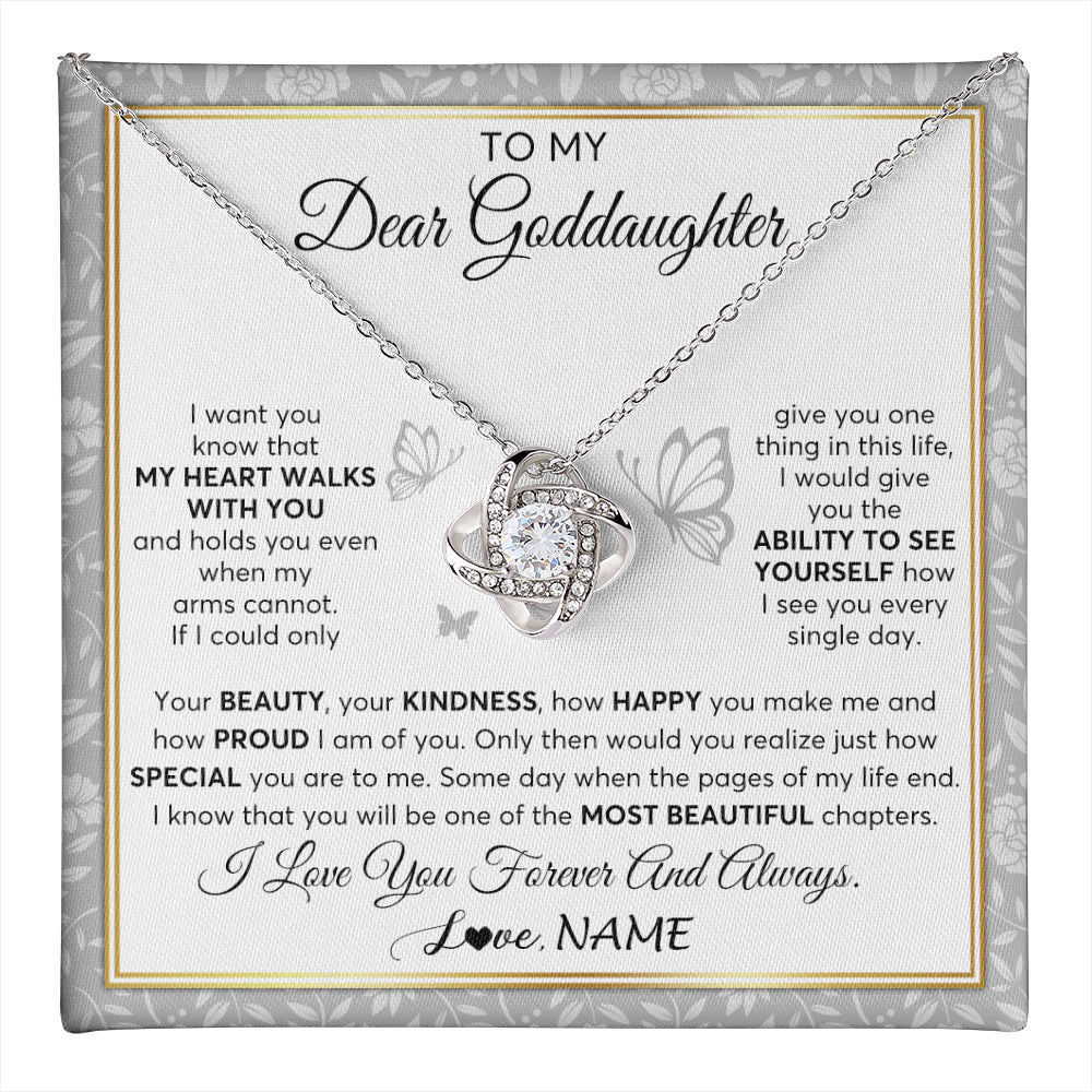 Love Knot Necklace 14K White Gold Finish | 1 | Personalized To My Goddaughter Necklace From Aunt Uncle My Heart Walks With You Goddaughter Birthday Gifts Jewelry Christmas Customized Gift Box Message Card | teecentury