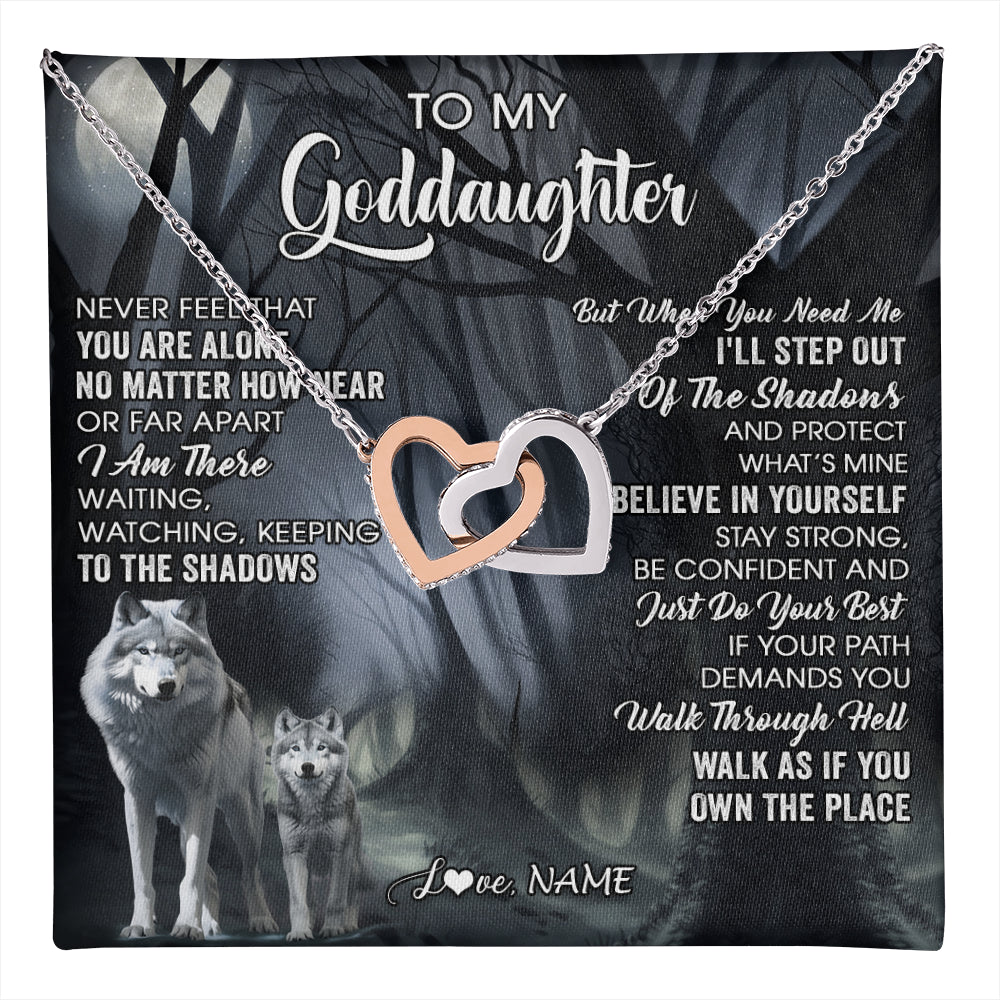 Interlocking Hearts Necklace Stainless Steel & Rose Gold Finish | 1 | Personalized To My Goddaughter Necklace From Aunt Uncle Never Feel That You Are Alone Wolf Birthday Gifts Jewelry Christmas Customized Gift Box Message Card | teecentury