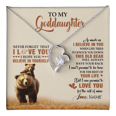 Forever Love Necklace 14K White Gold Finish | 1 | Personalized To My Goddaughter Necklace From Aunt Uncle This Old Bear Love You Goddaughter Birthday Graduation Christmas Customized Gift Box Message Card | teecentury