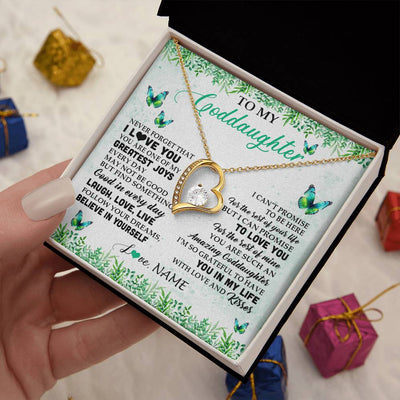 Forever Love Necklace 18K Yellow Gold Finish | 2 | Personalized To My Goddaughter Necklace From Godfather Aunt Butterfly Laugh Love Live Birthday Motivational Quote Christmas Customized Gift Box Message Card | teecentury