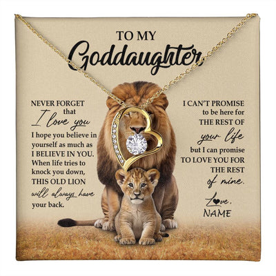 Forever Love Necklace 18K Yellow Gold Finish | 1 | Personalized To My Goddaughter Necklace From Godfather Lion Never Forget That I Love You Goddaughter Jewelry Birthday Graduation Christmas Customized Message Card | teecentury