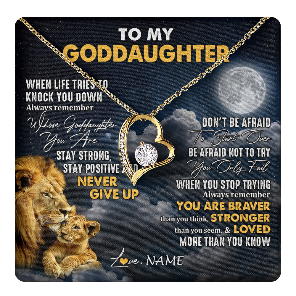 Forever Love Necklace 18K Yellow Gold Finish | 1 | Personalized To My Goddaughter Necklace From Godfather Lion Never Give Up Goddaughter Birthday Graduation Christmas Jewelry Customized Gift Box Message Card | teecentury