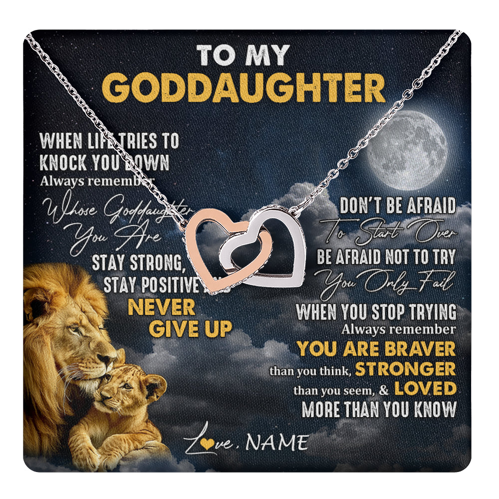 Interlocking Hearts Necklace Stainless Steel & Rose Gold Finish | 1 | Personalized To My Goddaughter Necklace From Godfather Lion Never Give Up Goddaughter Birthday Graduation Christmas Jewelry Customized Gift Box Message Card | teecentury