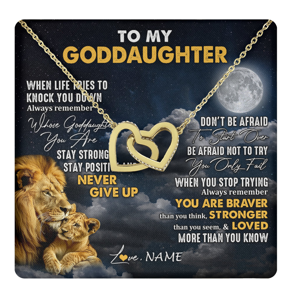 Interlocking Hearts Necklace 18K Yellow Gold Finish | 1 | Personalized To My Goddaughter Necklace From Godfather Lion Never Give Up Goddaughter Birthday Graduation Christmas Jewelry Customized Gift Box Message Card | teecentury