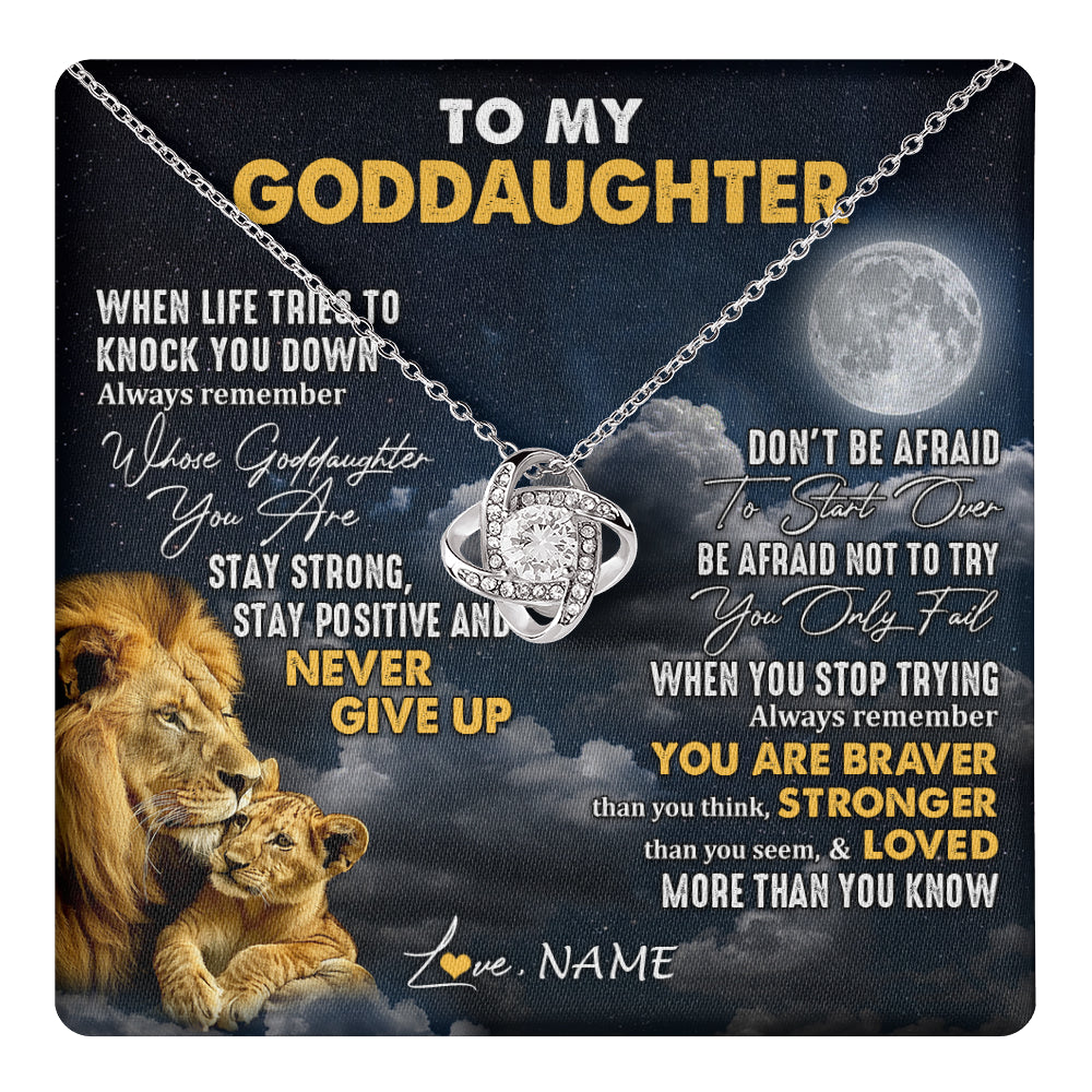 Love Knot Necklace 14K White Gold Finish | 1 | Personalized To My Goddaughter Necklace From Godfather Lion Never Give Up Goddaughter Birthday Graduation Christmas Jewelry Customized Gift Box Message Card | teecentury