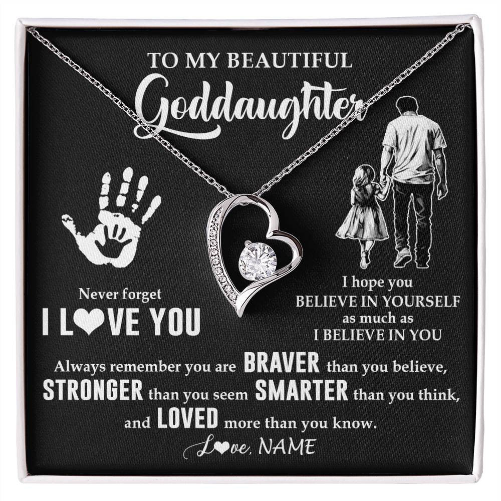 Forever Love Necklace 14K White Gold Finish | 1 | Personalized To My Goddaughter Necklace From Godfather Never Forget I Love You Goddaughter Birthday Christmas Graduation Customized Gift Box Message Card | teecentury