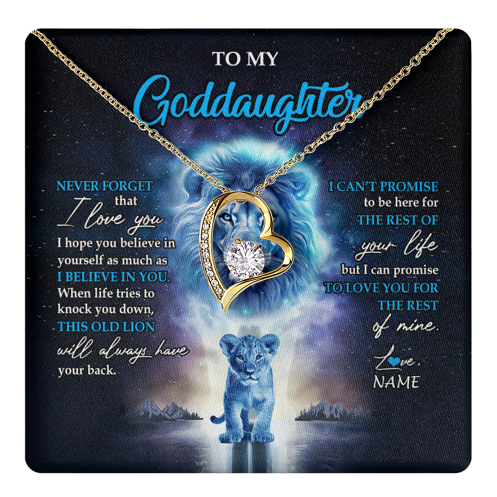 Forever Love Necklace 18K Yellow Gold Finish | 1 | Personalized To My Goddaughter Necklace From Godfather Never Forget I Love You Lion Goddaughter Jewelry Birthday Graduation Christmas Customized Message Card | teecentury