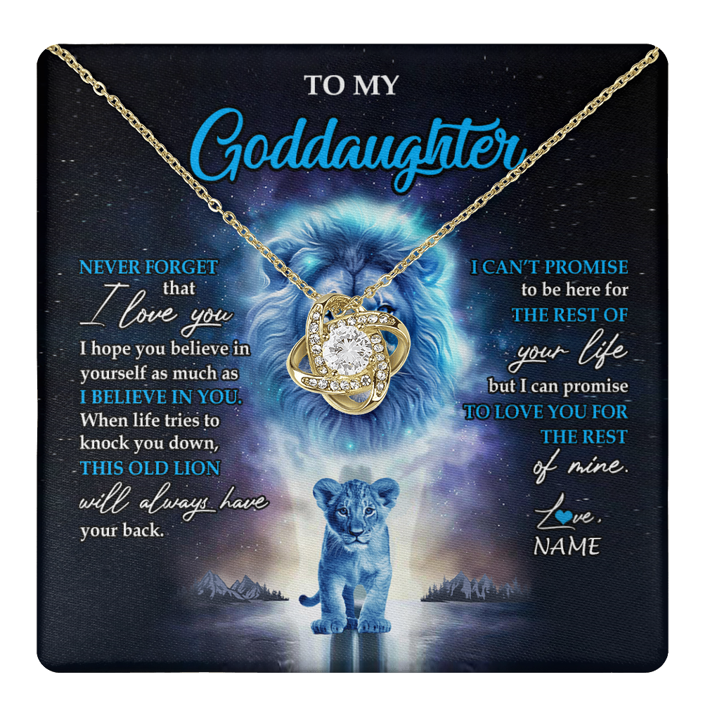 Love Knot Necklace 18K Yellow Gold Finish | 1 | Personalized To My Goddaughter Necklace From Godfather Never Forget I Love You Lion Goddaughter Jewelry Birthday Graduation Christmas Customized Message Card | teecentury