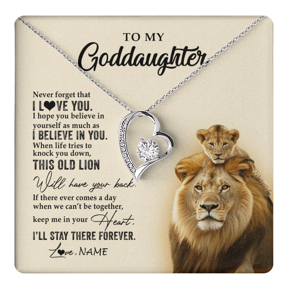 Forever Love Necklace 14K White Gold Finish | 1 | Personalized To My Goddaughter Necklace From Godfather This Old Lion Never Forget I Love You Jewelry Birthday Christmas Customized Gift Box Message Card | teecentury