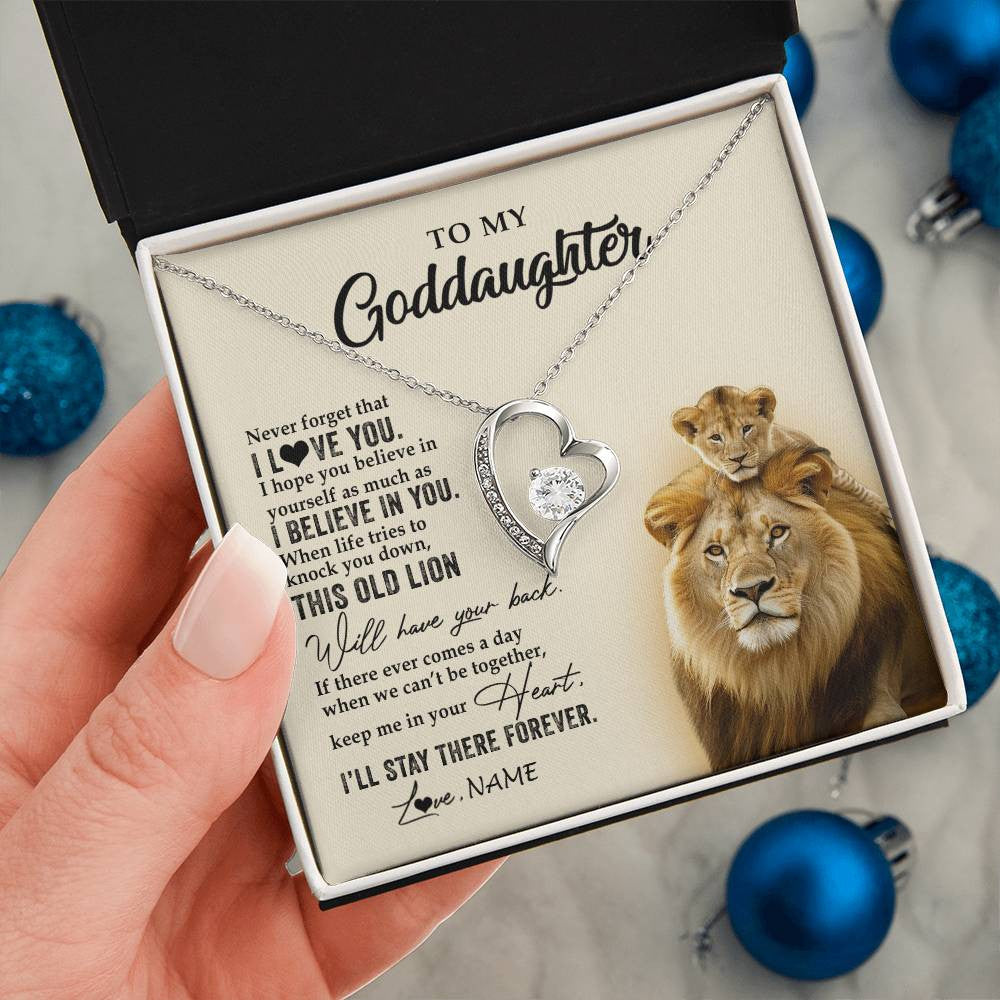 Forever Love Necklace 14K White Gold Finish | 2 | Personalized To My Goddaughter Necklace From Godfather This Old Lion Never Forget I Love You Jewelry Birthday Christmas Customized Gift Box Message Card | teecentury