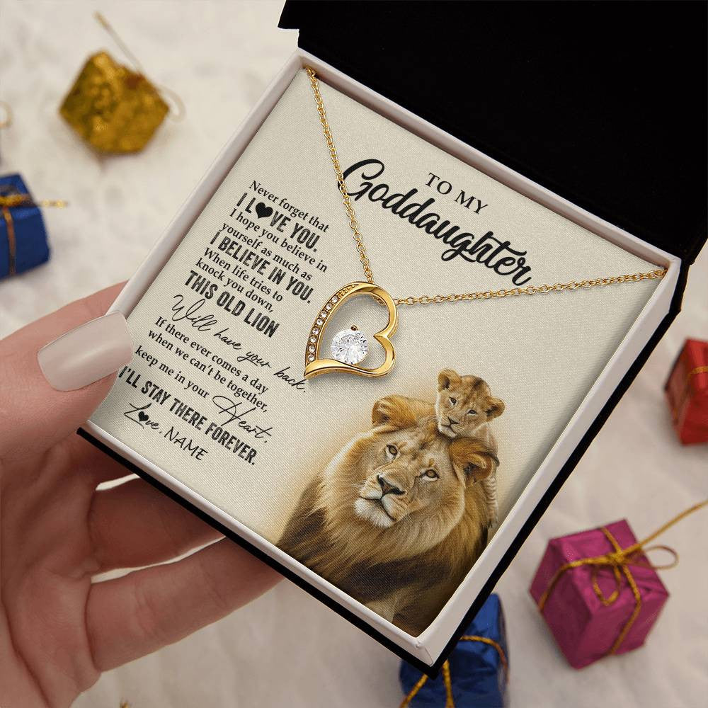 Forever Love Necklace 18K Yellow Gold Finish | 2 | Personalized To My Goddaughter Necklace From Godfather This Old Lion Never Forget I Love You Jewelry Birthday Christmas Customized Gift Box Message Card | teecentury