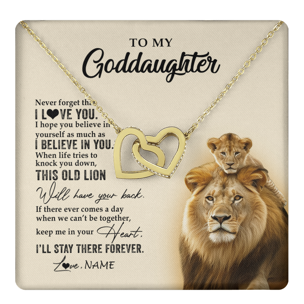 Interlocking Hearts Necklace 18K Yellow Gold Finish | 1 | Personalized To My Goddaughter Necklace From Godfather This Old Lion Never Forget I Love You Jewelry Birthday Christmas Customized Gift Box Message Card | teecentury
