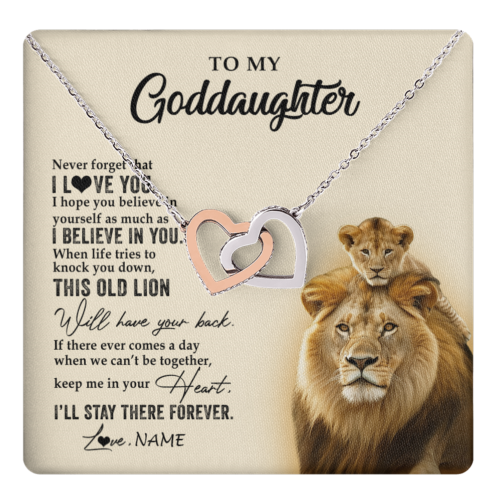 Interlocking Hearts Necklace Stainless Steel & Rose Gold Finish | 1 | Personalized To My Goddaughter Necklace From Godfather This Old Lion Never Forget I Love You Jewelry Birthday Christmas Customized Gift Box Message Card | teecentury