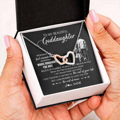 Interlocking Hearts Necklace Stainless Steel & Rose Gold Finish | 2 | Personalized To My Goddaughter Necklace From Godfather Whenever You Feel Overwhelmed Goddaughter Jewelry Birthday Graduation Christmas Customized Message Card | teecentury