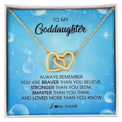 Interlocking Hearts Necklace 18K Yellow Gold Finish | Personalized To My Goddaughter Necklace From Godmother Always Remember You Are Braver Goddaughter Jewelry Birthday Graduation Christmas Customized Message Card | teecentury
