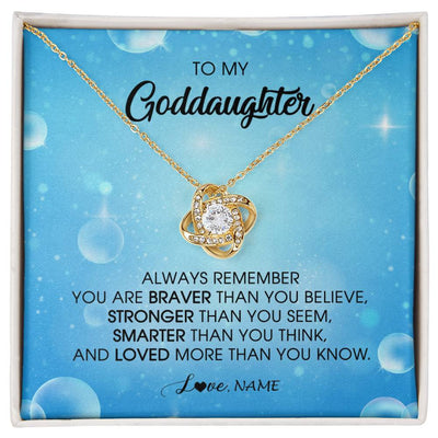 Love Knot Necklace 18K Yellow Gold Finish | Personalized To My Goddaughter Necklace From Godmother Always Remember You Are Braver Goddaughter Jewelry Birthday Graduation Christmas Customized Message Card | teecentury