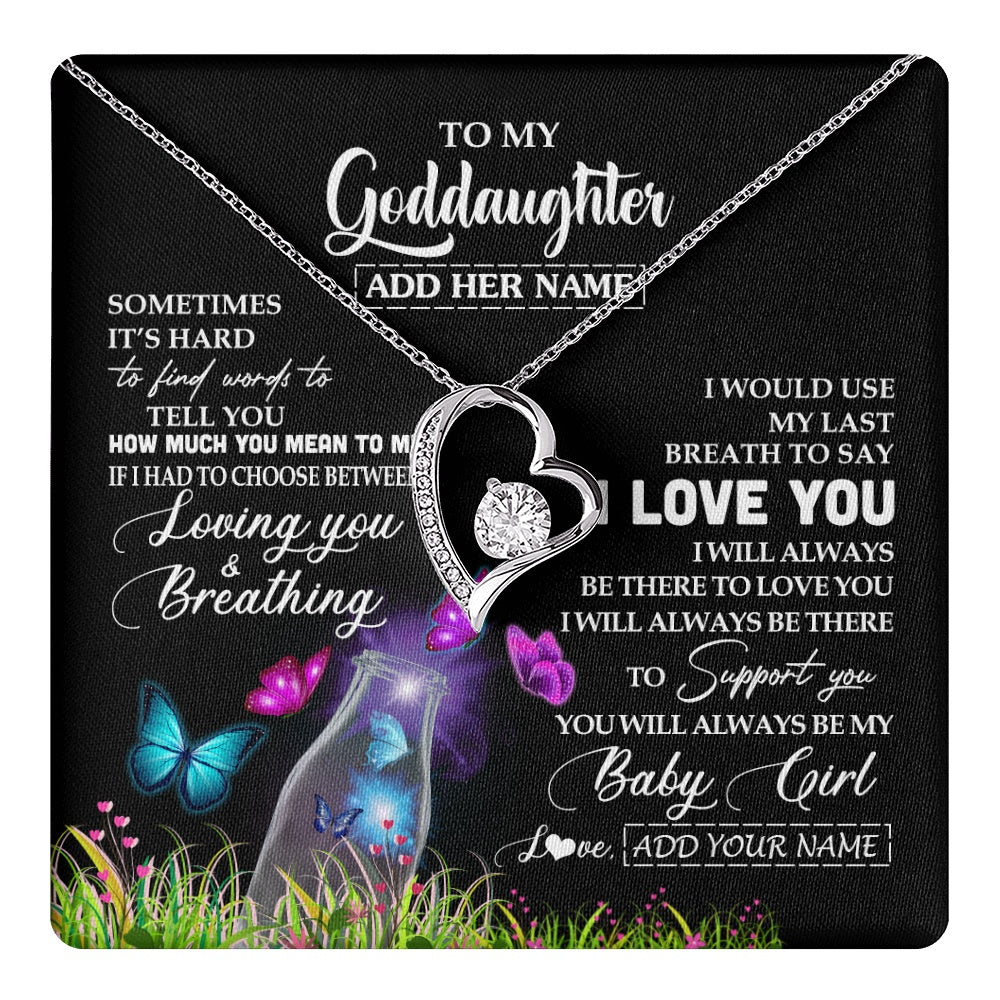 Forever Love Necklace 14K White Gold Finish | 1 | Personalized To My Goddaughter Necklace From Godmother Aunt Butterfly Sometimes Say I Love You Goddaughter Birthday Christmas Custom Gift Box Message Card | teecentury.myshopify