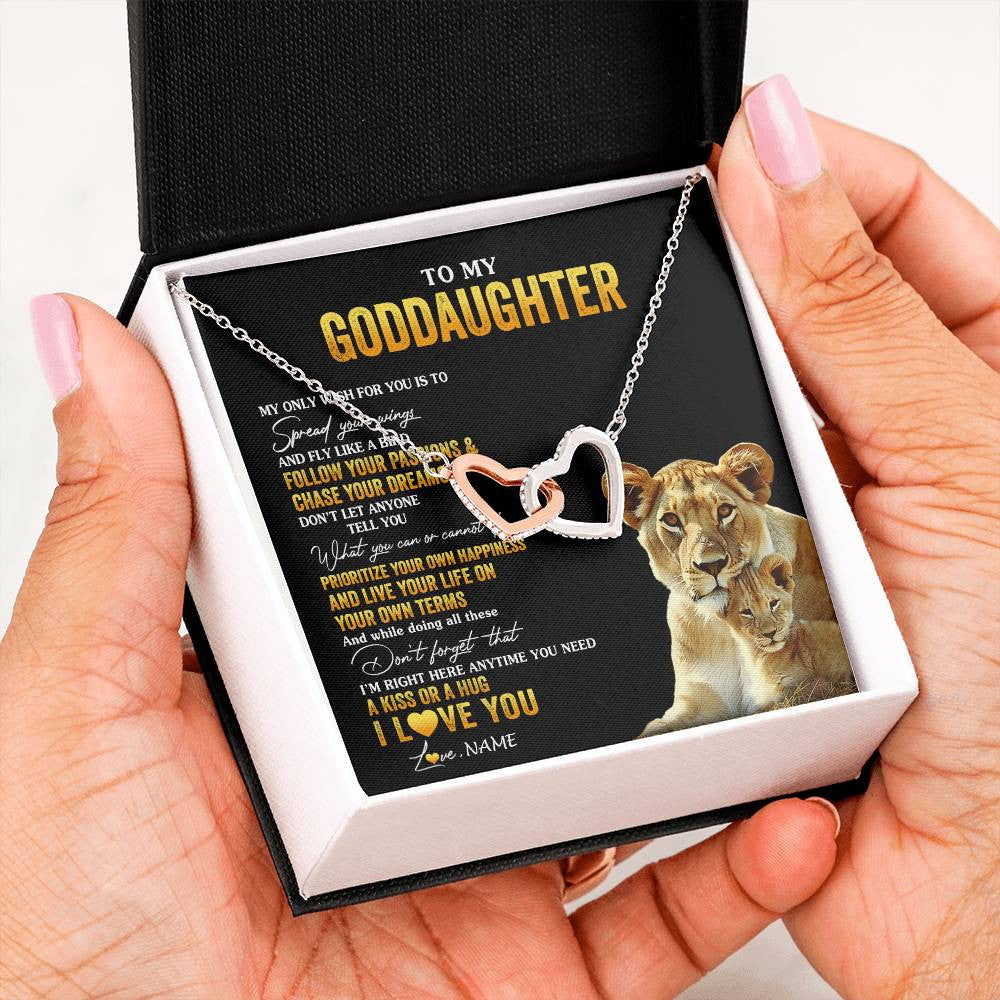 Interlocking Hearts Necklace Stainless Steel & Rose Gold Finish | 2 | Personalized To My Goddaughter Necklace From Godmother Aunt Lion My Only Wish For You Goddaughter Birthday Christmas Customized Gift Box Message Card | teecentury