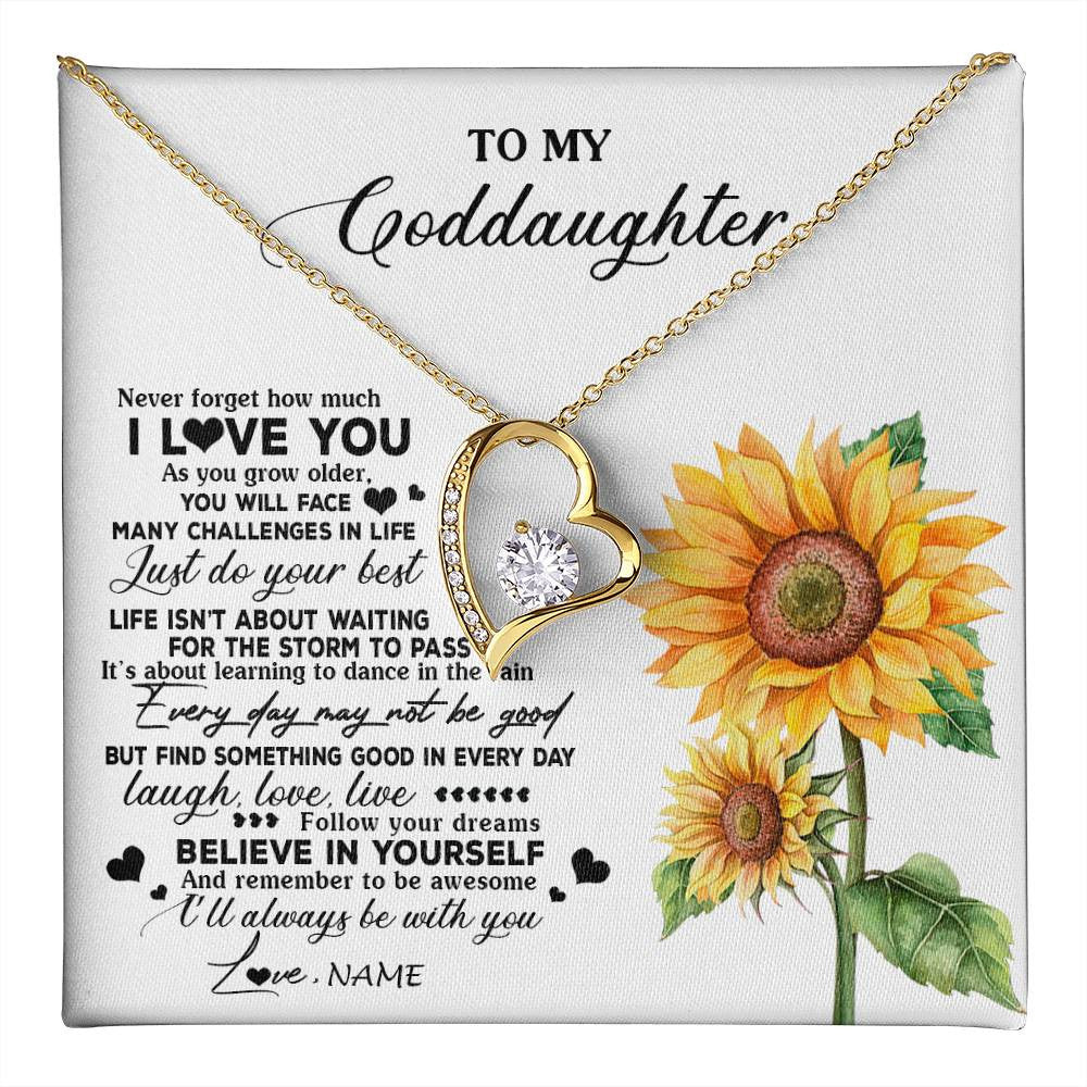 Forever Love Necklace 18K Yellow Gold Finish | 1 | Personalized To My Goddaughter Necklace From Godmother Aunt Sunflower Wood Laugh Love Live Goddaughter Birthday Christmas Customized Gift Box Message Card | teecentury