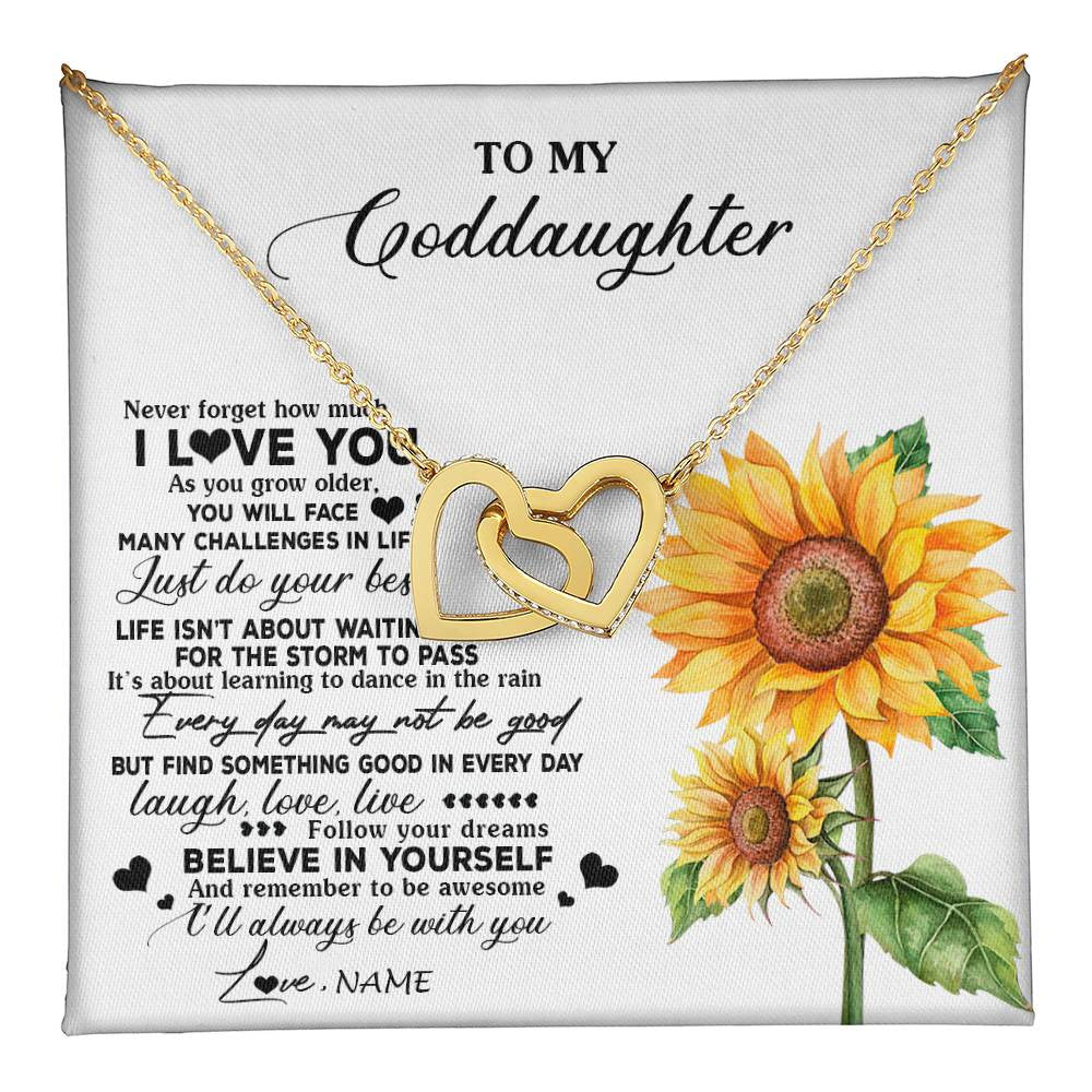 Interlocking Hearts Necklace 18K Yellow Gold Finish | 1 | Personalized To My Goddaughter Necklace From Godmother Aunt Sunflower Wood Laugh Love Live Goddaughter Birthday Christmas Customized Gift Box Message Card | teecentury