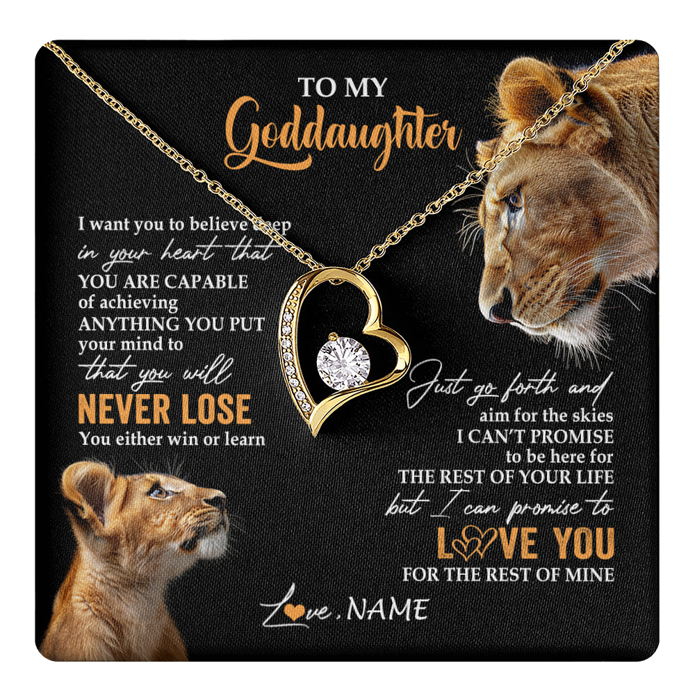Forever Love Necklace 18K Yellow Gold Finish | 1 | Personalized To My Goddaughter Necklace From Godmother Aunt You Will Never Lose Lion Goddaughter Birthday Gifts Graduation Christmas Gift Box Message Card | teecentury