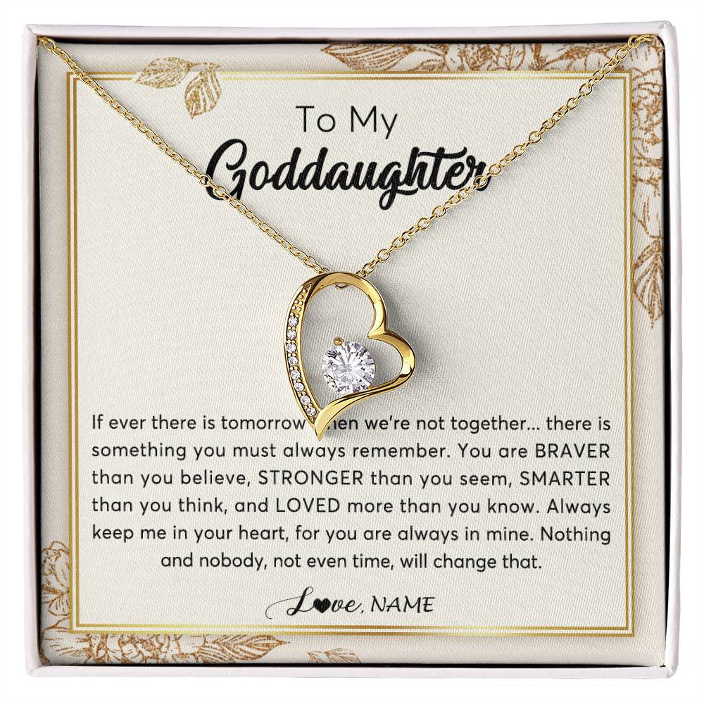 Forever Love Necklace 18K Yellow Gold Finish | Personalized To My Goddaughter Necklace From Godmother Braver Stronger Smarter Loved Goddaughter Jewelry Birthday Christmas Customized Gift Box Message Card | teecentury