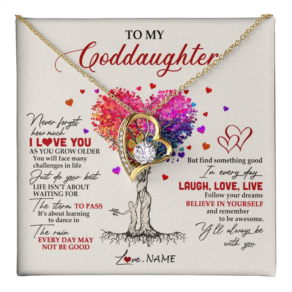 Forever Love Necklace 18K Yellow Gold Finish | 1 | Personalized To My Goddaughter Necklace From Godmother Colorful Tree Never Forget I Love You Goddaughter Birthday Christmas Customized Gift Box Message Card | teecentury